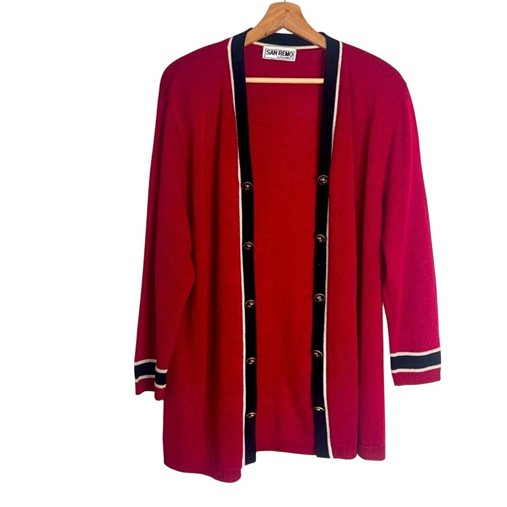 San Remo Women's Vintage Cardigan‎ Red Black Open Front Gold Buttons Large